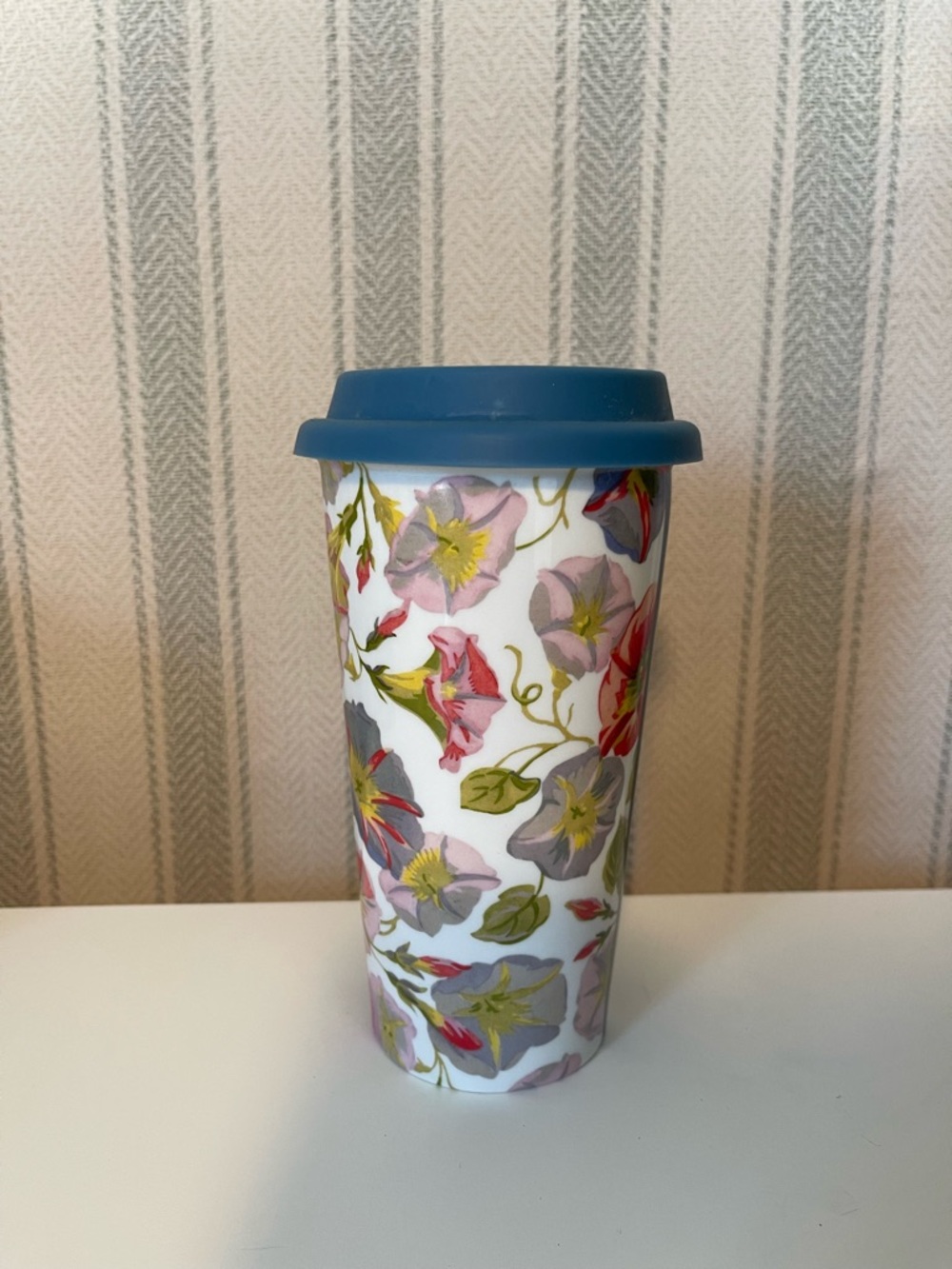 MacKenzie-Childs Morning Glory travel ceramic tumbler floral pattern 14oz